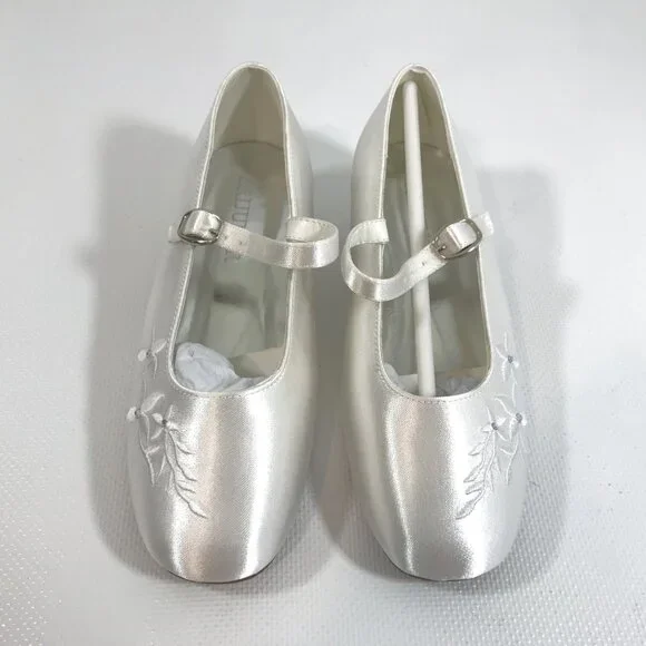 Girls Satin Shoes White 1.5 Communion Bridal Shoes Floral Rhinestone Ankle Strap - Picture 5 of 13